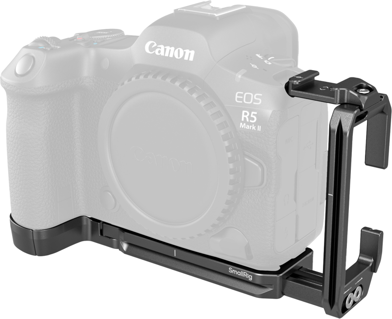 Kuvassa on Canon EOS R5 Mark II -kamera, johon on kiinnitetty musta metallinen SmallRig 4983 L-muotoinen kiinnityslevy, joka on suunniteltu vakaaseen jalustakiinnitykseen.