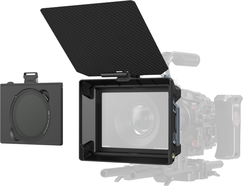 SmallRig 5011 Matte Box Kit with CPL & VND Filters näkyy kameraan kiinnitettynä, ja siinä on suuri ylälippu, ja vasemmalla on erikseen esillä pyöreä suodatin.