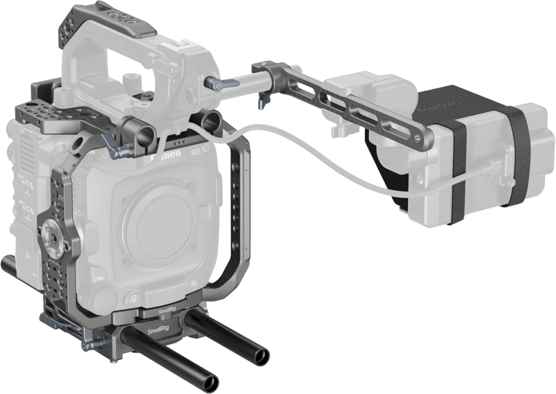 The SmallRig 4946 Advanced Cage Kit for Canon C400 is pictured with the cage, top handle, rods and external battery connected by a rod and cable. The Canon C400 camera body is shown without the lens.