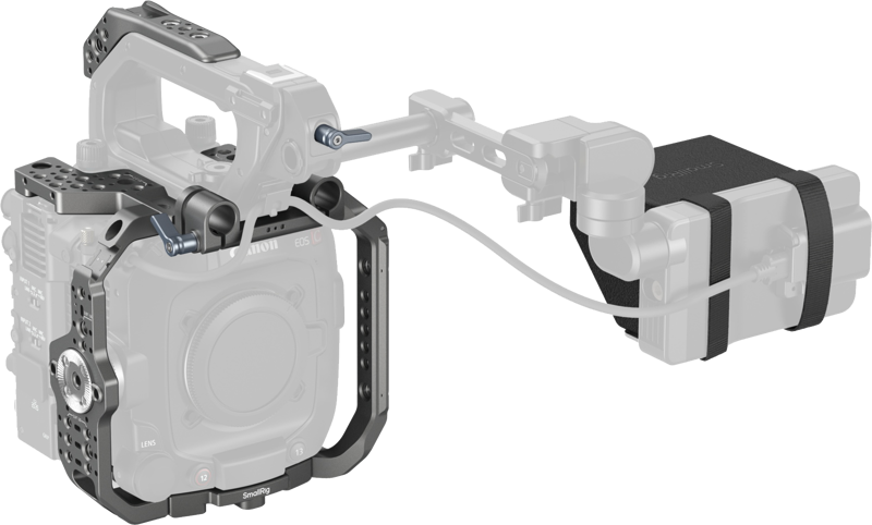 The SmallRig 4947 Basic Cage Kit for Canon C400 is presented with an external battery attached to the side, secured by straps and connected to the cage by an extension arm and cable.