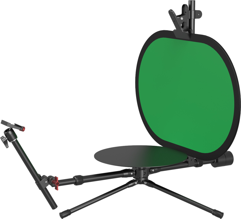 SmallRig 4807 Professional 12'' 360° -valokuvauskääntöpöydässä on kompakti pöytämalli, jossa on säädettävät jalustan jalat, pyöreä musta alusta ja säädettävä varsi kameroiden tai mikrofonien kiinnittämistä varten.
