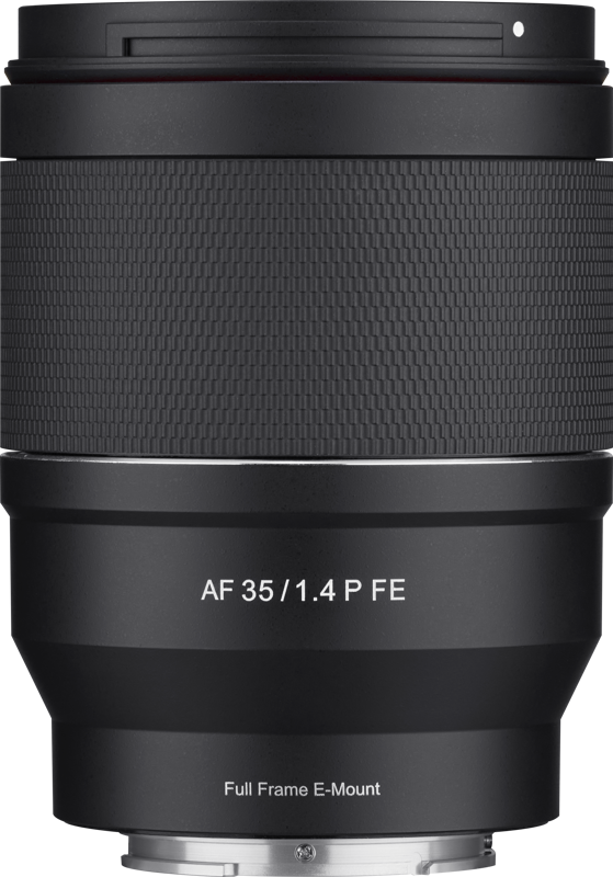 Close-up of a Samyang AF 35mm F/1.4 P Sony FE lens with textured grip and Full Frame E-Mount label, vertical against a white background.
