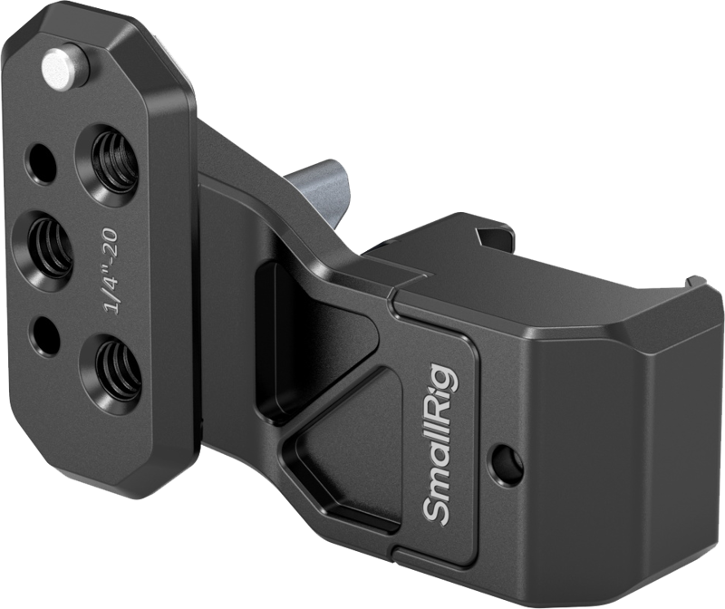 The SmallRig 4458 Side Handle Extension Adapter Part with NATO Clamp is a black metal bracket with multiple 1/4"-20 threaded holes and a sturdy, angled design for attaching gear.