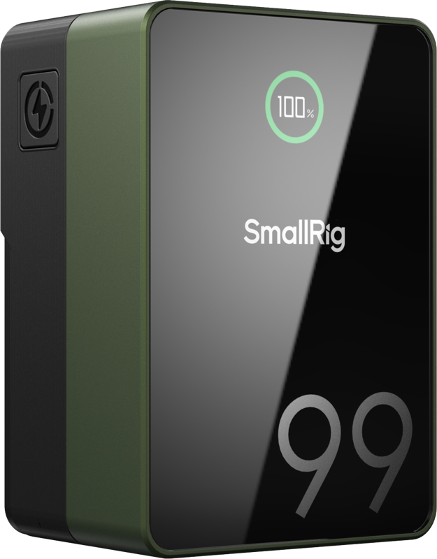 Pienikokoisessa, mustavihreässä SmallRig 4974 V-Mount -akussa VB99 Pro Mini (vihreä), jossa on kiiltävä viimeistely, on etupuolella digitaalinen näyttö, joka näyttää 100 %:n latauksen, sekä "99" ja "SmallRig" -brändi.
