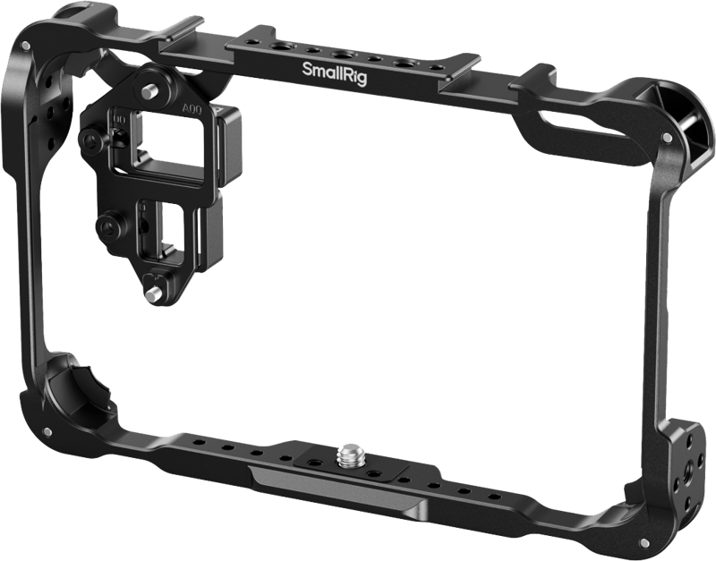 The SmallRig 5030 Monitor Cage Kit for the Atomos Shinobi II is a black metal cage with multiple mounting points and mounting slots designed to protect and decorate the monitor while shooting against a light background.