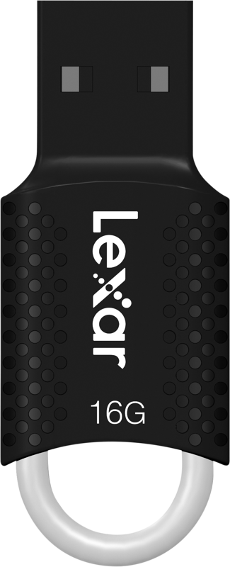 Black Lexar JumpDrive V40 USB 2.0 flash drive (16GB) with a dot grip, Lexar logo and white loop at the bottom for keychain attachment.