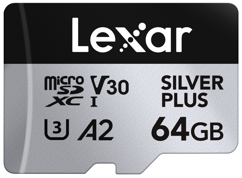 Lexar microSDXC Silver Plus 1066x 64GB memory card in black and silver with V30, U3, A2 and Class 10 speed rating icons.