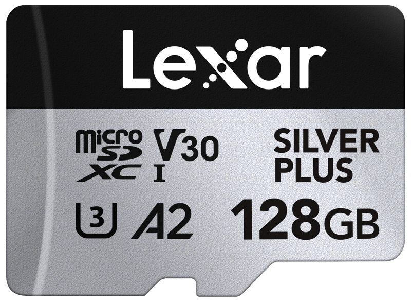Close-up of the Lexar microSDXC Silver Plus 1066x 128GB memory card with V30, U3 and A2 ratings and silver, black and white design.