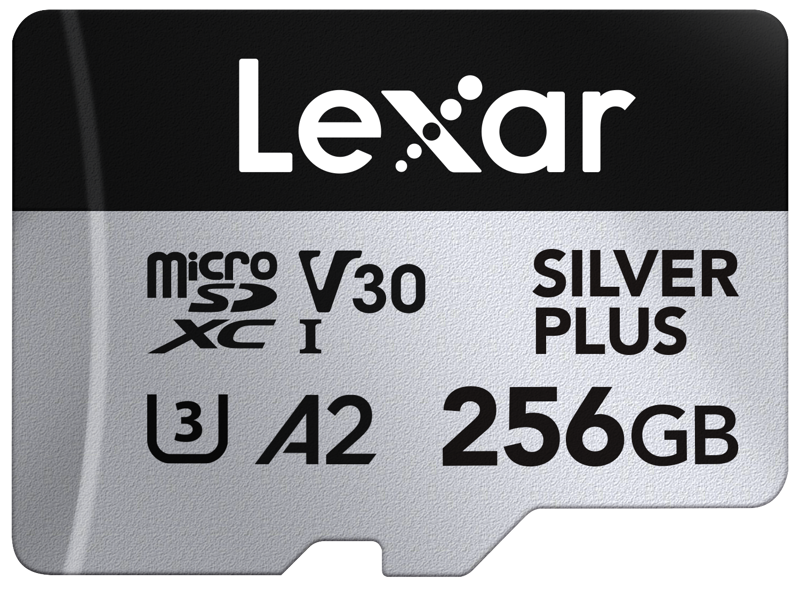 Lexar microSDXC Silver Plus 1066x 256GB memory card, V30, U3, A2, silver-white design and black text with technical specifications.