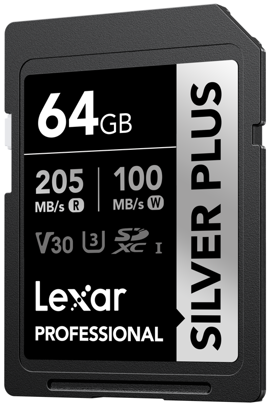 Lexar SDXC Professional SILVER Plus 1066x (V30) 64GB -muistikortti tarjoaa 205 MB/s luku- ja 100 MB/s kirjoitusnopeuden, U3/V30, SDXC I -brändäyksen, ja siinä on musta ja hopeinen etiketti.