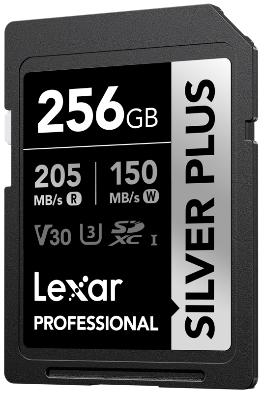 Lexar SDXC Professional SILVER Plus 1066x (V30) 256GB -muistikortti tarjoaa jopa 205MB/s lukunopeuden, 150MB/s kirjoitusnopeuden ja V30-, U3- ja Class 10 -kuvakkeet.