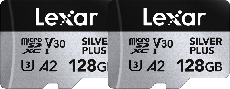 Two Lexar microSDXC Silver Plus 1066x 2x128GB cards are displayed side by side, each marked V30, U3, A2 and with the Lexar logo at the top.