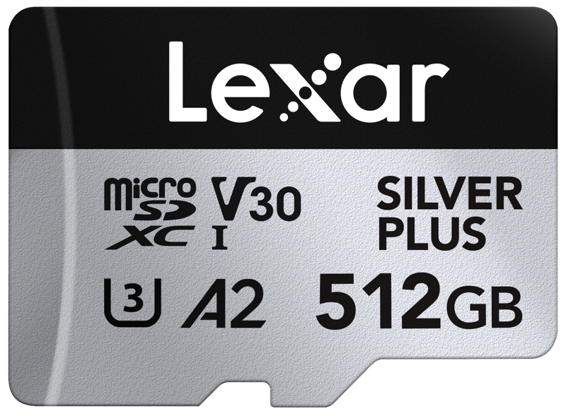 Lexar microSDXC Silver Plus 1066x 512GB -muistikortti tarjoaa 512 Gt kapasiteettia ja suorituskykyluokitukset V30, U3, A2 ja Class 10.