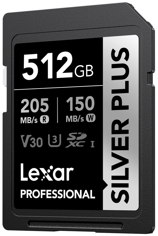 Lexar SDXC Professional SILVER Plus 1066x (V30) 512GB -muistikortti tarjoaa 205 MB/s lukunopeuden ja 150 MB/s kirjoitusnopeuden (V30, U3, SDXC I) mustassa kortissa, jossa on hopeanvärinen ja valkoinen merkintä.