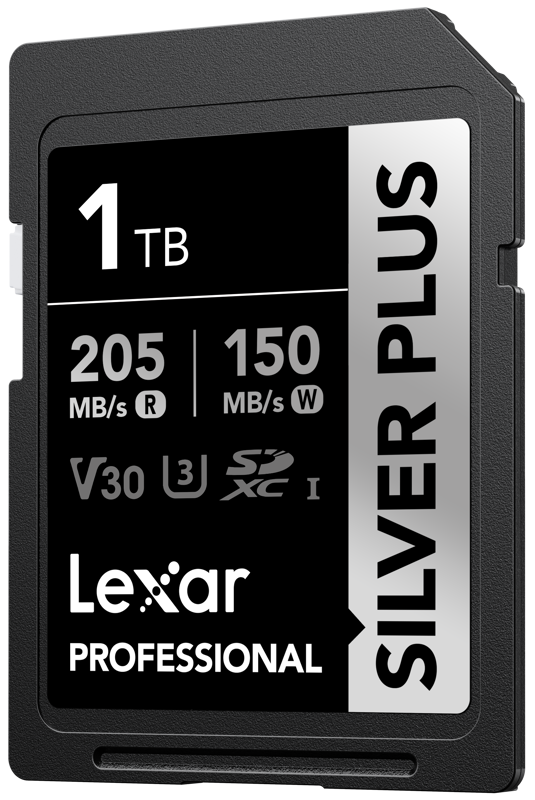 Lexar SDXC Professional SILVER Plus 1066x (V30) 1TB -muistikortti tarjoaa 205 MB/s lukunopeuden ja 150 MB/s kirjoitusnopeuden, ja siinä on V30-, U3- ja SDXC I -luokitukset.