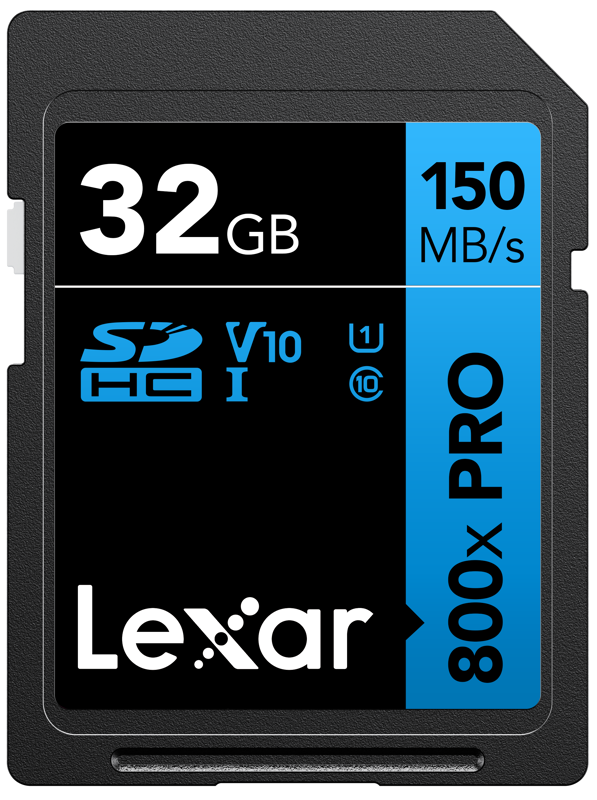 Lexar SDHC 800x Pro UHS-I -kortti - 32GB -muistikortti, jonka lukunopeus on 150 MB/s, ja jossa on V10- ja Class 10 -symbolit mustassa ja sinisessä etiketissä.