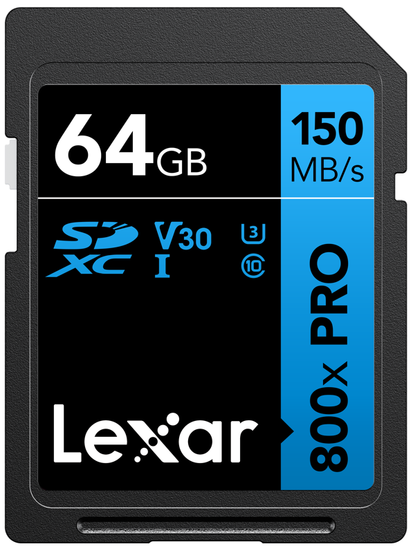 Lexar SDHC 800x Pro UHS-I -kortissa - 64GB -muistikortti on 150MB/s nopeus, V30, U3, Class 10 -luokitus, ja se on saatavana mustana ja sinisenä.