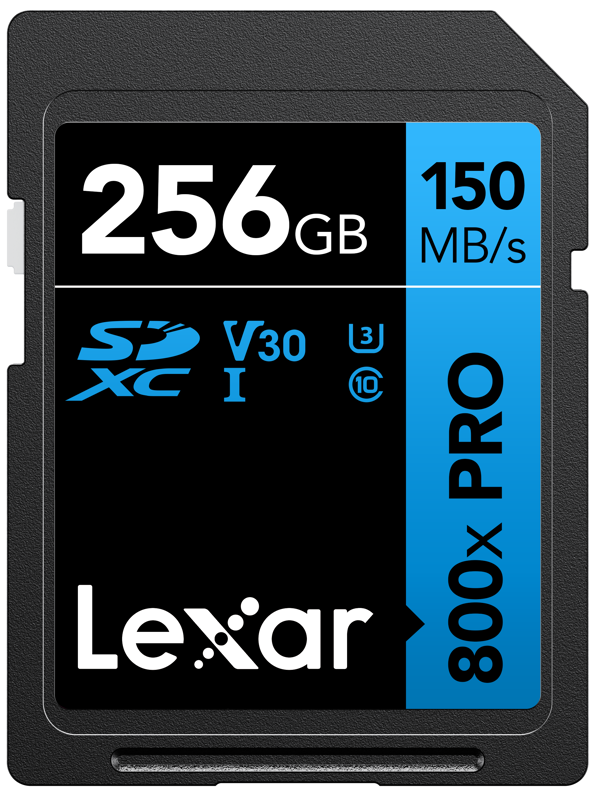 Lexar SDHC 800x Pro UHS-I -kortti - 256GB muistikortti tarjoaa 150 MB/s nopeuden, V30, U3, Class 10 -luokitukset, ja siinä on musta ja sininen muotoilu.