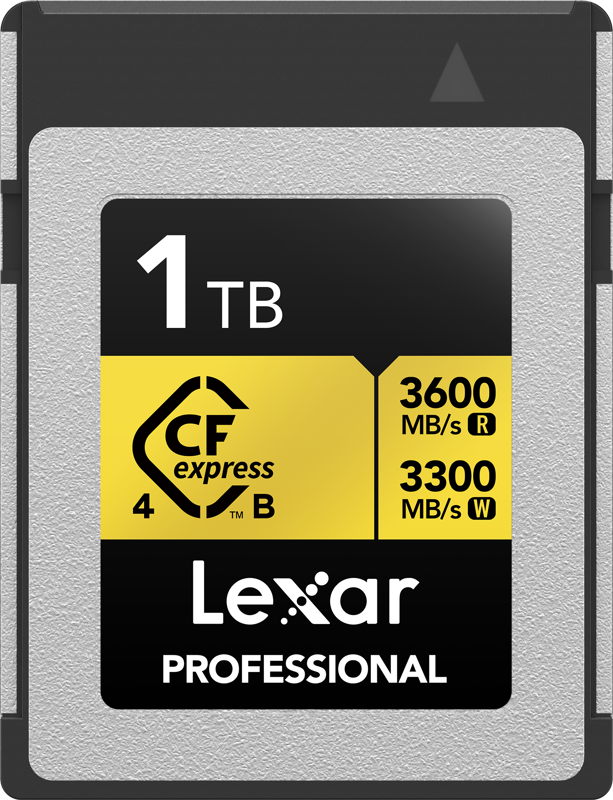 Lexar CFexpress 4.0 Pro Gold R3600/W3300 1TB -muistikortin lukunopeus on 3600 MB/s ja kirjoitusnopeus 3300 MB/s, ja siinä on harmaa ja keltainen etiketti.