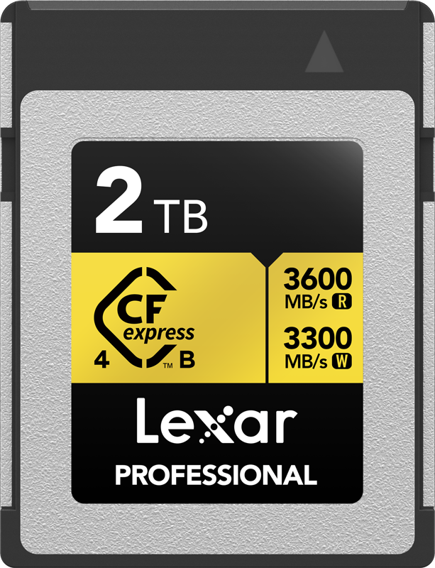 Lexar CFexpress 4.0 Pro Gold R3600/W3300 2TB -muistikortti tarjoaa jopa 3600 MB/s luku- ja 3300 MB/s kirjoitusnopeuden, kuvassa mustalla, hopeisella ja keltaisella tarralla.