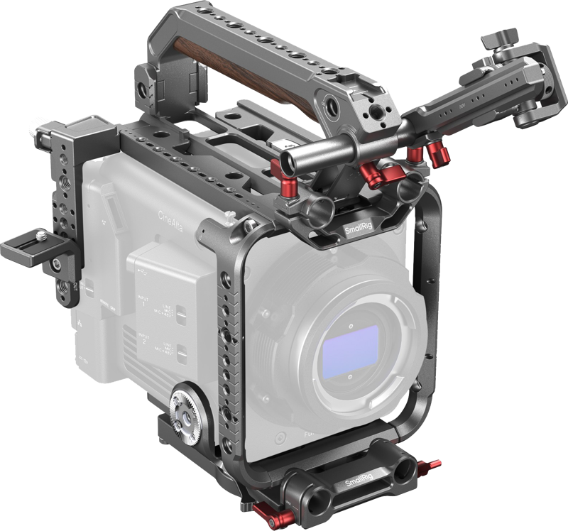 The SmallRig 4571 Cage Kit for Sony BURANO is a metal frame with multiple mounting points, handles and support frames attached to the semi-transparent Sony BURANO camera body.