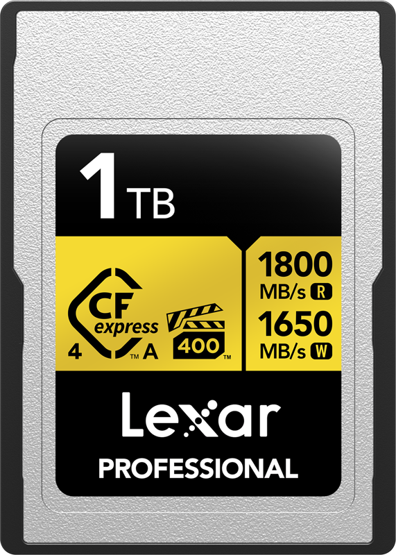 Lexar CFexpress 4.0 Pro Gold (tyyppi A) muistikortti on 1TB kapasiteetti, VPG400-luokitus, jopa 1800 MB / s luku- ja 1650 MB / s kirjoitusnopeus, erottuva keltainen ja musta muotoilu.