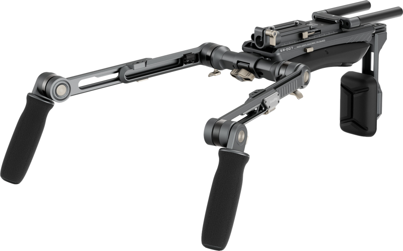 The SmallRig 4181 HawkLock Shoulder Rig Pro SR007 is a black, adjustable camera rig with two padded handles, a shoulder pad and mounting rails for stable hand-held shooting.