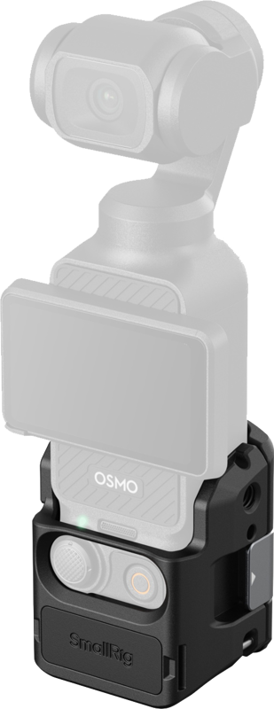 The DJI Osmo Pocket 3 is mounted on the SmallRig 5072 Cage, which has a small screen on the front and control buttons below it, all visible in a semi-transparent style.