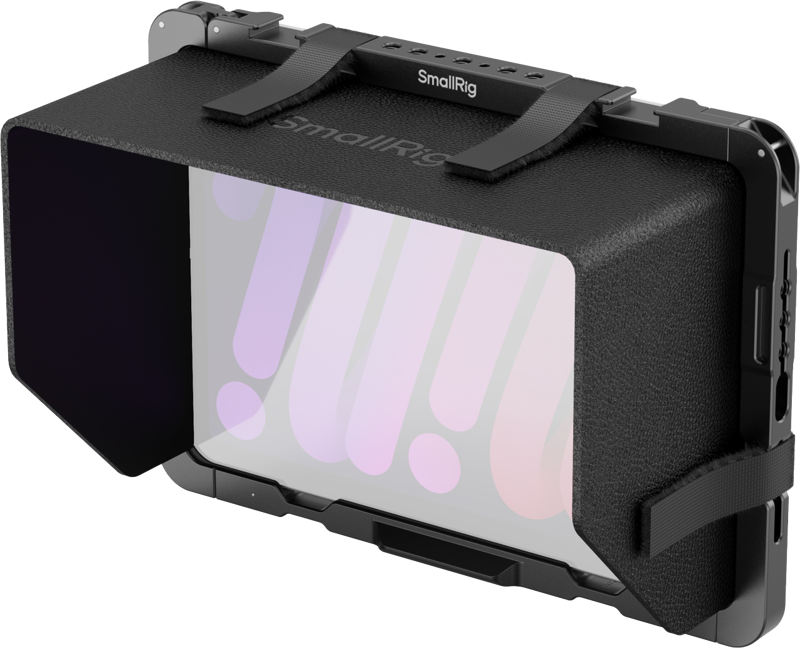 The SmallRig 5058 Cage for iPad mini is designed to block sunlight from the iPad mini screen and improve visibility while shooting, with adjustable straps for a secure fit.