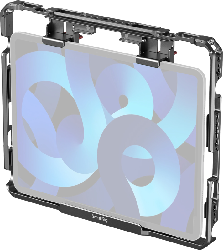 The SmallRig 5059 Universal Tablet Cage for iPad is a black metal frame that secures a tablet with a blue abstract wallpaper and is designed for stable mounting while shooting or taking photos.