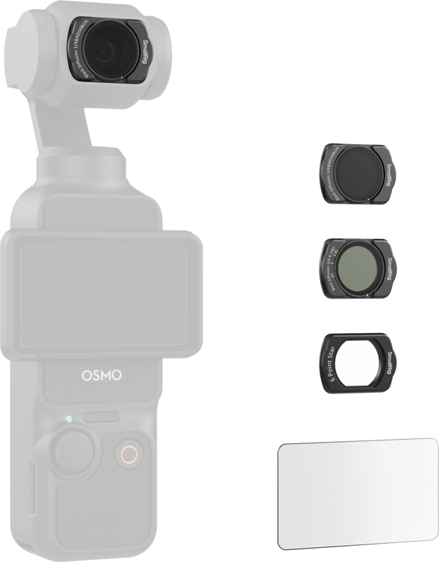 Oikealla puolella on esillä SmallRig 5122 Multifunctional Filter Kit for DJI Osmo Pocket 3, jossa on kolme linssisuodatinta ja suorakulmainen puhdistusliina, kaikki vaaleaa taustaa vasten.