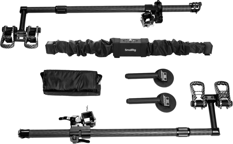 SmallRig 4614 Camera Slider Support Kit for Cars sisältää hiilikuitutangot, säädettävät kiinnittimet, imukupit, pehmustetun suojan ja polkimen kaltaiset osat, jotka kaikki näkyvät siististi valkoisella pohjalla.