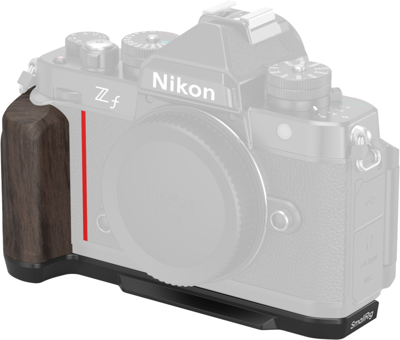 The SmallRig 4801 L-shaped mounting plate with wooden handle for the Nikon Z f is attached to the left side of the camera, and the Nikon Z f is semi-transparently displayed to highlight the accessory.