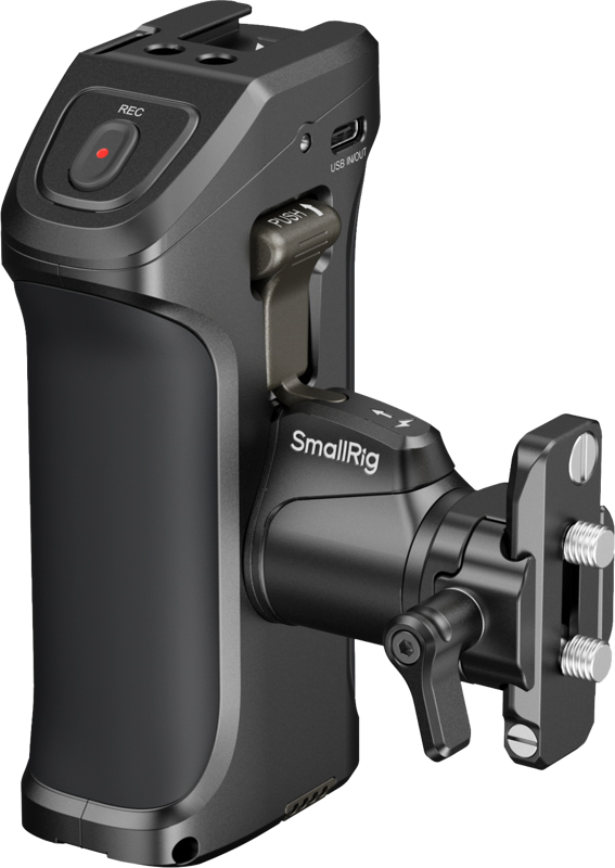 SmallRig 5235 Rotating Side Handle with Trigger REC for Canon/Blackmagic cameras on musta kamerakahva, jossa on REC-painike, USB-tulo, säätökiekko ja kiinnike kameralaitteiden vakaaseen hallintaan.