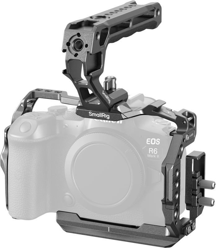 The SmallRig 5197 Cage Kit for Canon EOS R6 Mark II, pictured in black metal with multiple mounting points and a sturdy top handle, is attached to a partially visible Canon EOS R6 Mark II camera marked in grey.