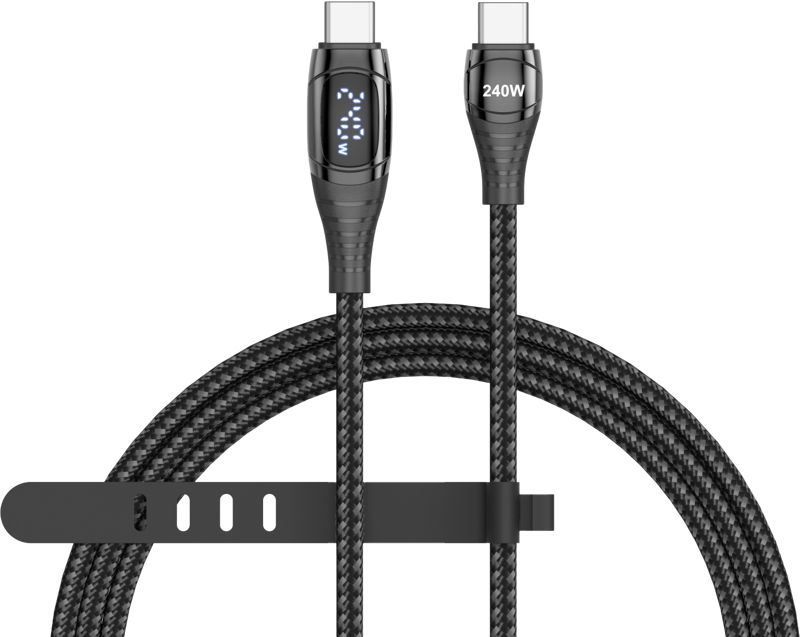 SmallRig 5113 240W Power Cable LED-näytöllä on musta punottu USB-C-kaapeli, jossa on kaksi liitintä - toisessa digitaalinen tehonilmaisin ja toisessa 240W - ja jossa on musta säädettävä hihna turvallista järjestämistä varten.