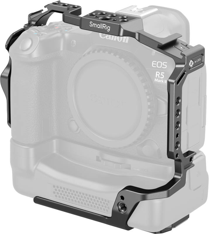 The black metal Smallrig 5092 Cage for Canon EOS R5 Mark II with Cooling Fan CF-R20EP mounts around the grey Canon EOS R5 Mark II camera and provides additional protection and accessory mounting points.