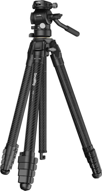 The SmallRig 5028 Portable Carbon Fiber Travel Tripod Kit features three adjustable legs with foam handles, swivel locks, and a ball head mount with a handlebar grip that appears on a plain white background.