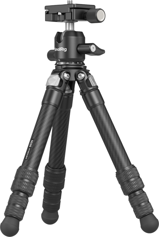 800q-01_130952 The SmallRig 5026 Carbon Fiber Pocket Tripod Kit, with three adjustable legs, rubber feet and a ball head mount, is pictured in light grey.