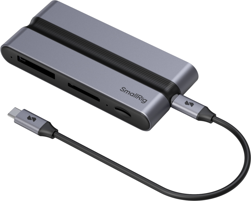 SmallRig 4662 CFexpress Docking Station for Creators (Type B) -muistikortinlukija on metallinharmaa kortinlukija, jossa on useita korttipaikkoja ja liitetty USB-C-kaapeli, kuvassa vaalealla pohjalla.