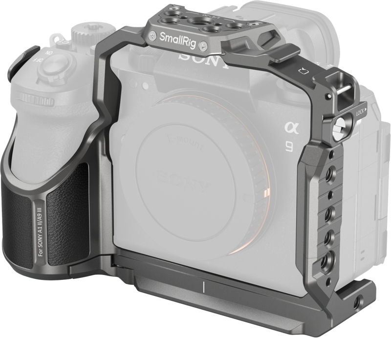 The Sony A1 II is displayed inside the SmallRig 5187 Cage, which provides extra mounting points and protection, but keeps the camera's grip and control buttons easily accessible.