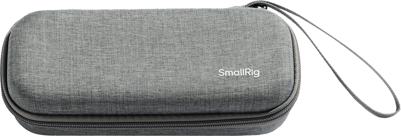 SmallRig 5118 kantolaukku DJI Osmo Pocket 3:lle on harmaa, suorakulmainen vetoketjulla ja rannehihnalla varustettu laukku, joka näkyy suljettuna valkoista taustaa vasten.