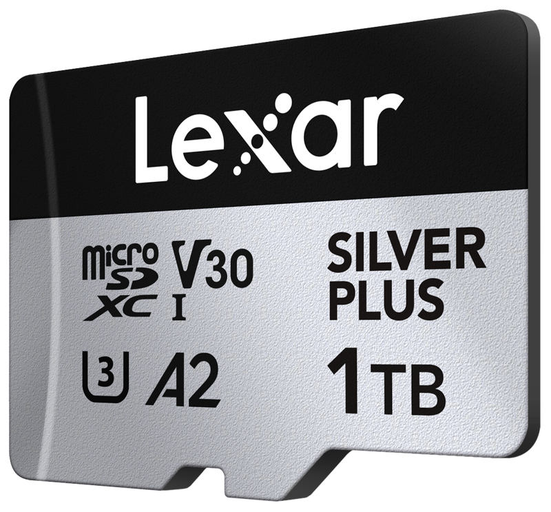 The Lexar microSDXC Silver Plus 1066x 1TB memory card is a black and silver memory card with bold white text, V30, U3, A2 speed ratings and a storage capacity of 1TB.