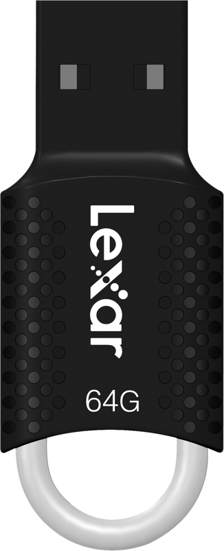 The Lexar JumpDrive V40 (USB 2.0) 64GB is a black flash drive with a dotted side pattern and a white loop at the bottom for keychain attachment.