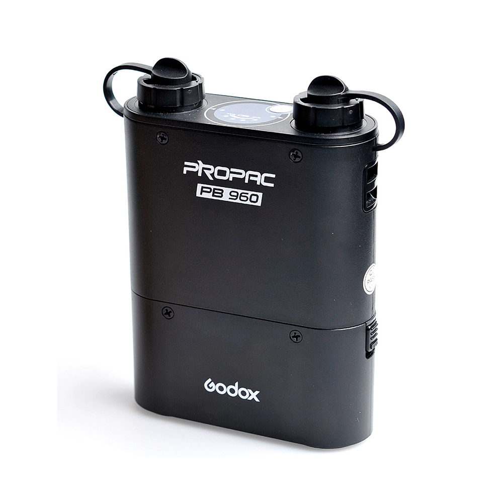 The black Godox Propac PB960 Black power pack and battery, with two covered top ports and the PROPAC PB 960 and Godox label, is pictured on a white background.