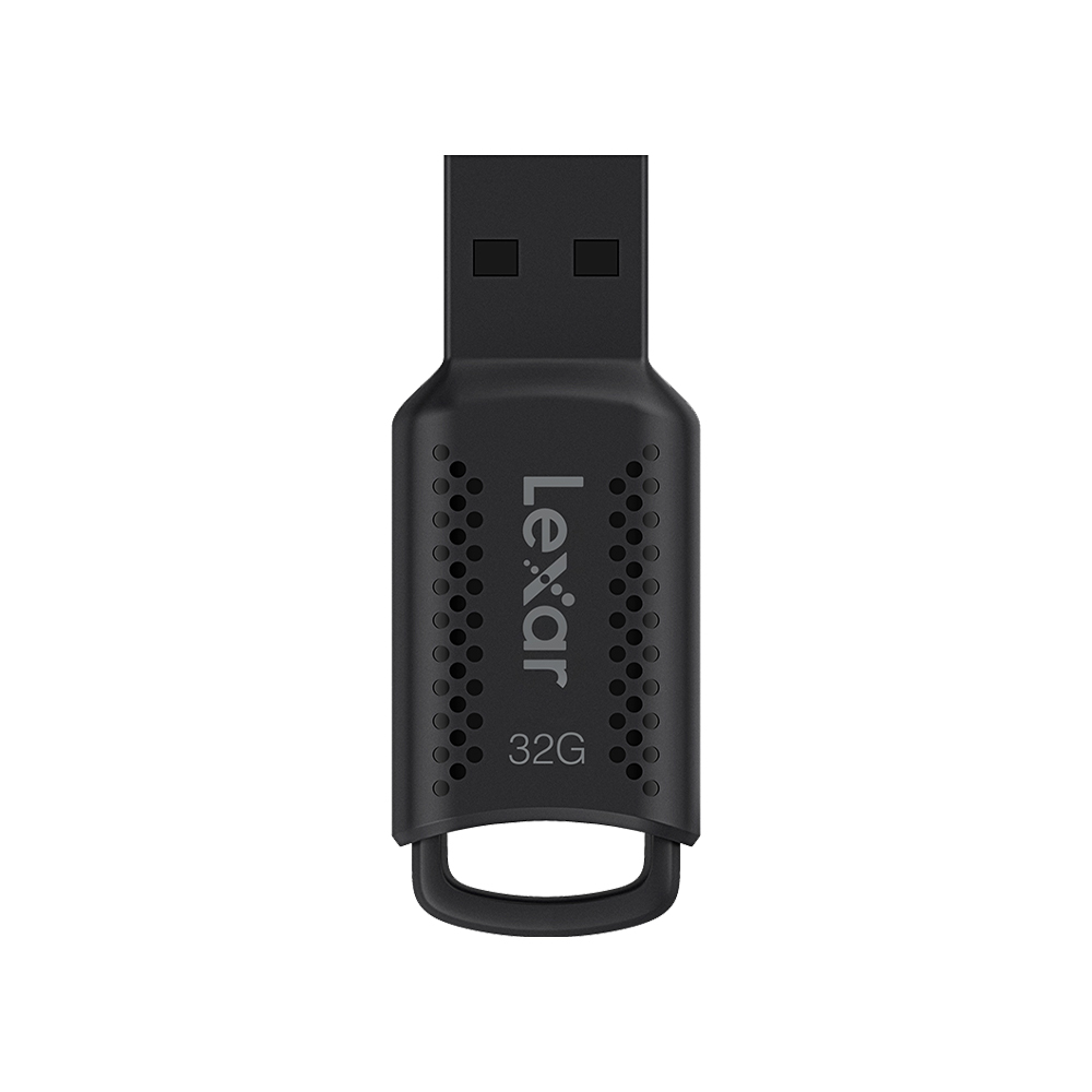 The Lexar JumpDrive V400 Flash Drive, R100 (USB 3.0) 32GB is black, rectangular, has textured sides, and has a loop on the bottom for keychain attachment.