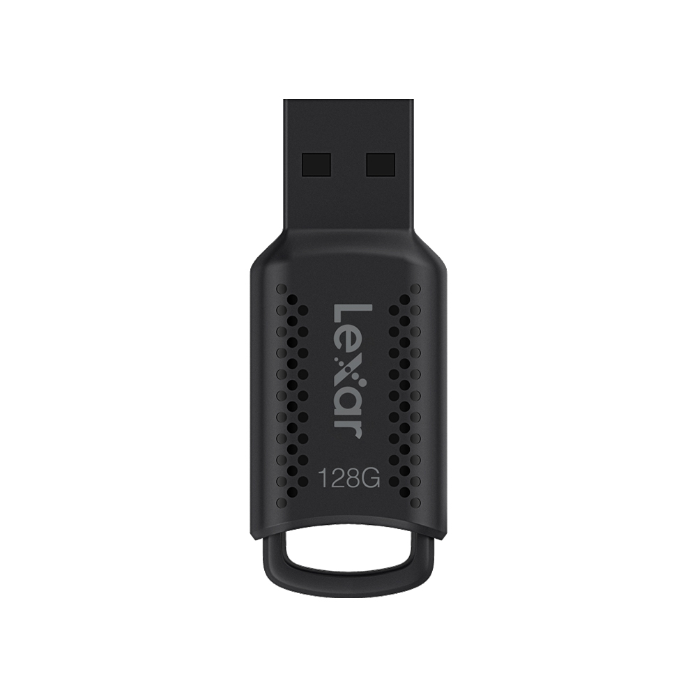 Black Lexar JumpDrive V400, R100 (USB 3.0) 128GB, top view with "Lexar" and "128G" printed on it, showing the USB connector and a small keychain loop at the bottom.