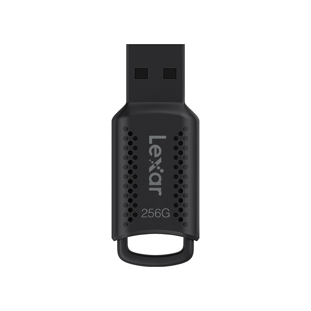 The black Lexar JumpDrive V400 (256GB, USB 3.0, R100) with "Lexar" on the front and "256G" with a textured grip and keychain tab appears on a white background.