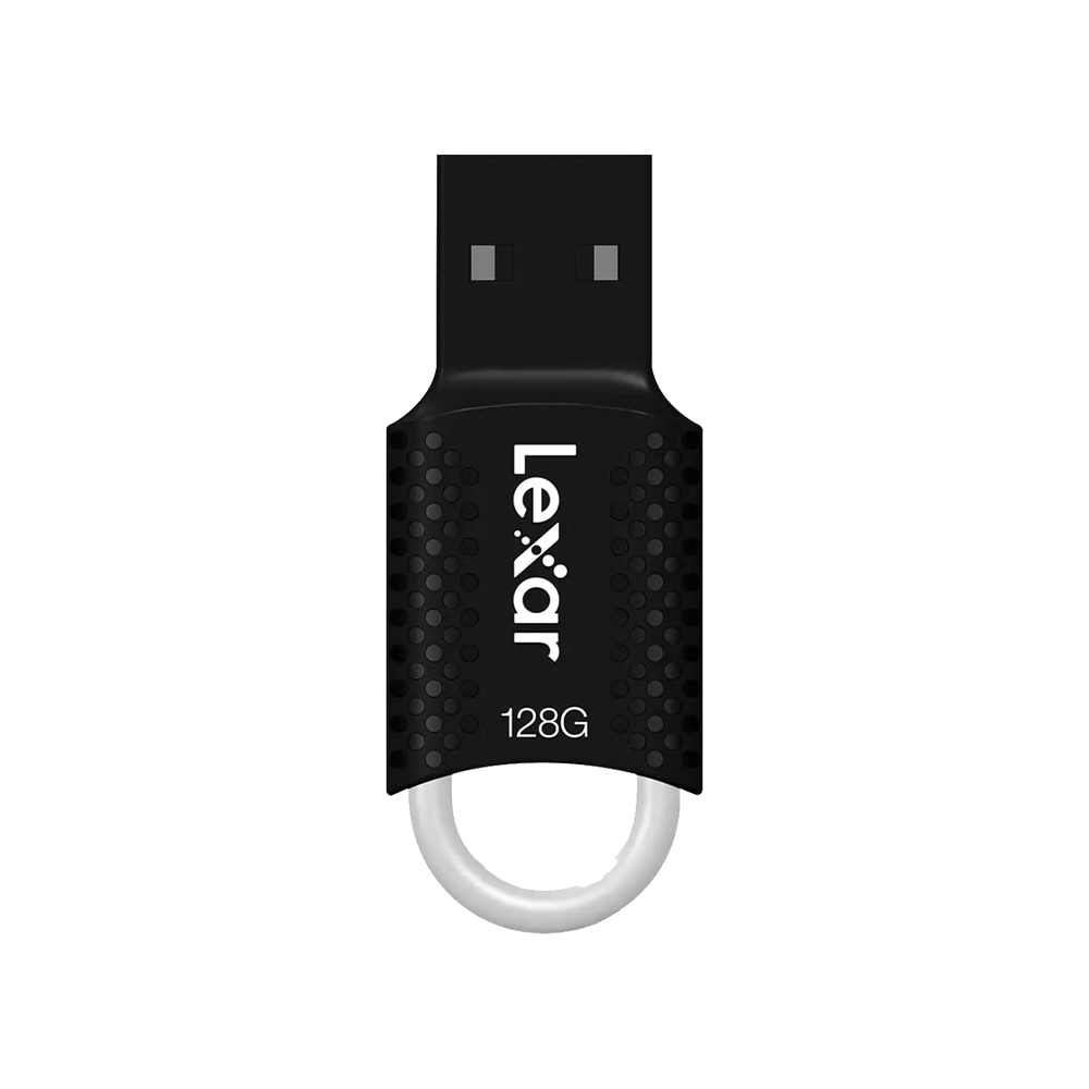 The Lexar JumpDrive V40 (USB 2.0) 128GB is a black flash drive with a textured handle and a round keyhole at the bottom.