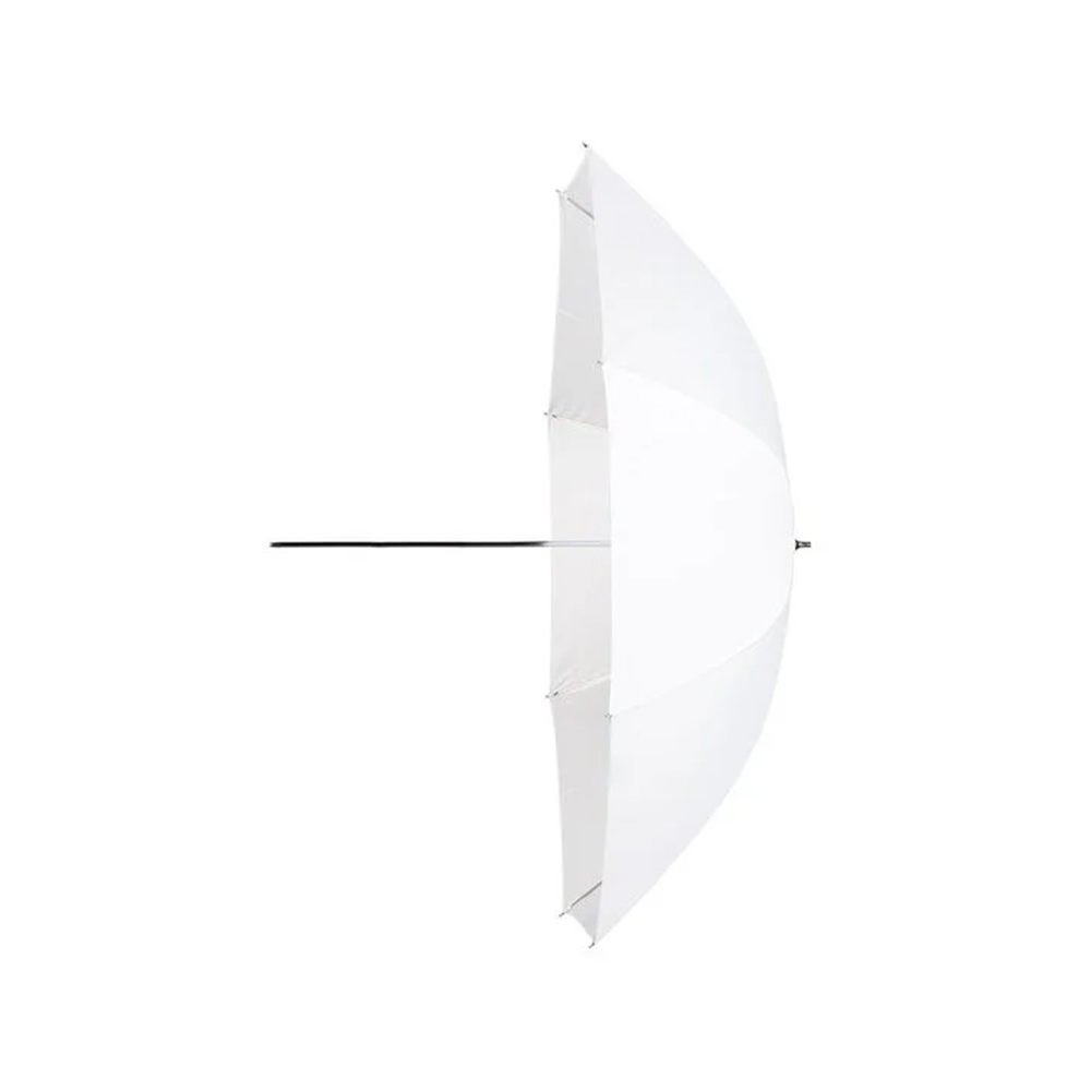 Elinchrom Sateenvarjo Läpiammuttava 83cm - Käytetty on avoin ja sivulta katsottuna, ja siinä on suuri valkoinen kuomu, jossa on musta akseli ja kylkiluut, jotka on asetettu tavallista valkoista taustaa vasten.